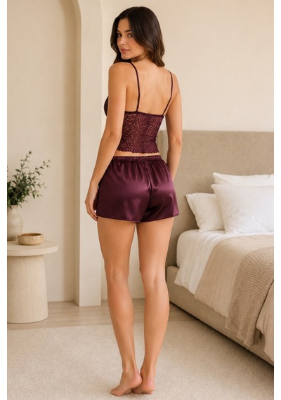Loule Kadın Mürdüm Çapraz Bantlı Dantel Bralet Şort Pijama Takımı