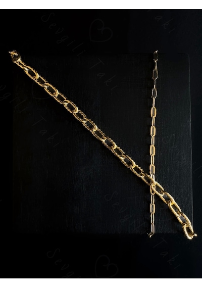 Sevgili Takı İkili Paperclip Ataş Gold Çelik Zincir Bileklik Metoo Serisi Gold