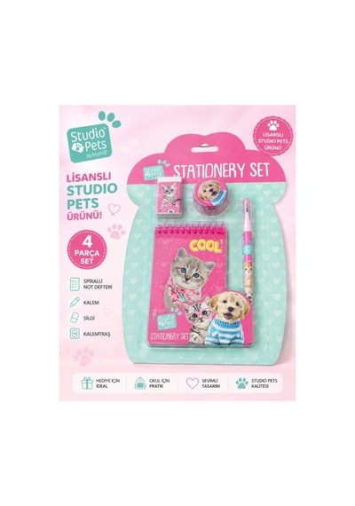 Lisanslı Studio Pets 4 Parça Kırtasiye Seti Defter Kalem Silgi Kalemtıraş Kedi Köpek Desenli - 9009511936663