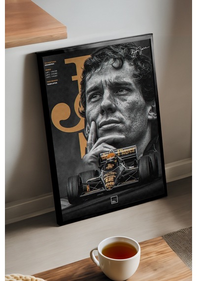 Ayrton Senna Siyah Ahşap Çerçeveli Poster, Dekoratif Formula 1 Duvar Tablosu