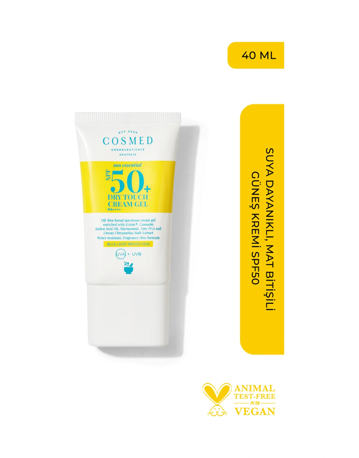 Cosmed Yağlı Ciltler İçin Suya Dayanıklı, Mat Bitişli Güneş Kremi SPF50+ - Dry Touch Cream Gel SPF50+ - 40 ml