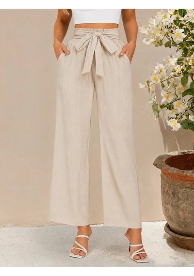 DefyModa Kadın Yüksek Bel Lastikli Bağcıklı Uzun Geniş Kesim Detaylı Krinkıl Pantolon Bej