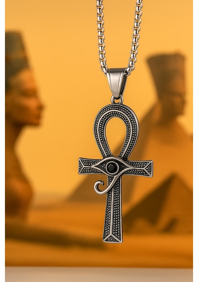 Antik Eskitme Çelik Siyah Zirkon Taş Detaylı Eye Of Horus Kolye Gümüş
