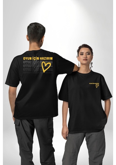 Oyun İçin Hazırım Kalp Siyah Oversize Unisex Ön Ve Sırt Baskılı Tişört Siyah