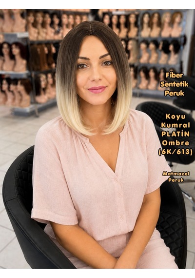 Koyu Kumral Platin Ombre Kısa Fiber Sentetik Peruk