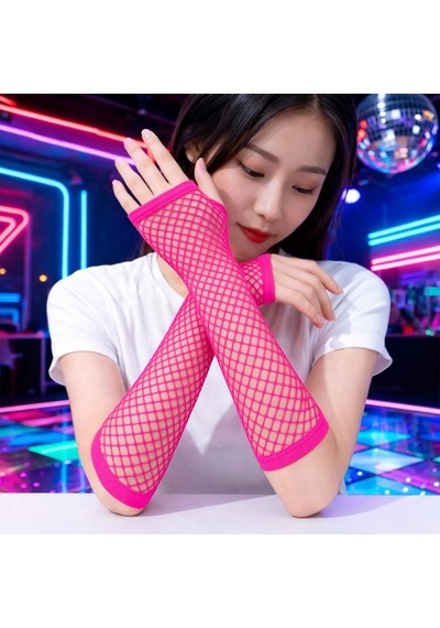 80 Ler 90 Lar Retro Neon Fuşya Şeker Pembesi File Parmaksız Eldiven 26 Cm Acı Kahverengi