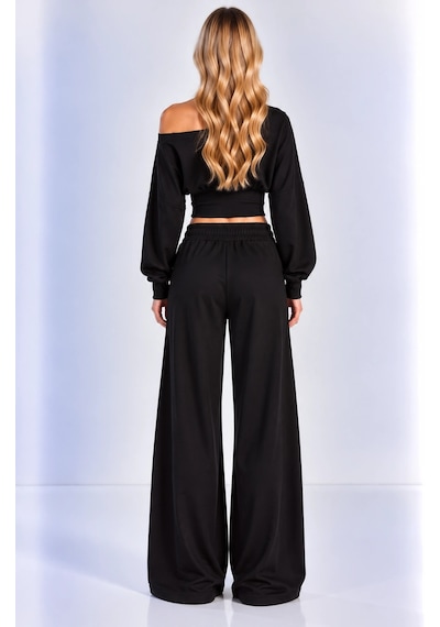 Mevese Kayık Yaka Korseli Crop Bluz - Cep Detaylı Palazzo Modal Takım - Siyah