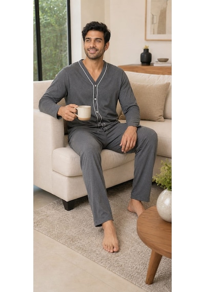 Pemilo Erkek 605-262 Boydan Düğmeli %95 Cotton Pijama Takım Füme