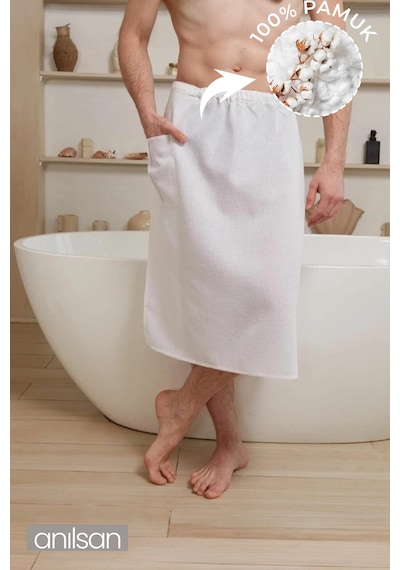 %100 Pamuk Spa & Hamam İçin Sauna Havlusu Belden Lastikli Cırtcırtlı Cepli Etek Model Beyaz