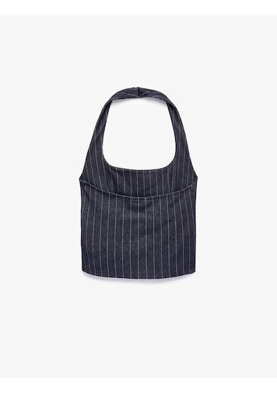 Koton Sırt Detaylı Kemerli Çizgili Halter Yaka Top Lacivert Çizgili 7wak10065ek 7s2