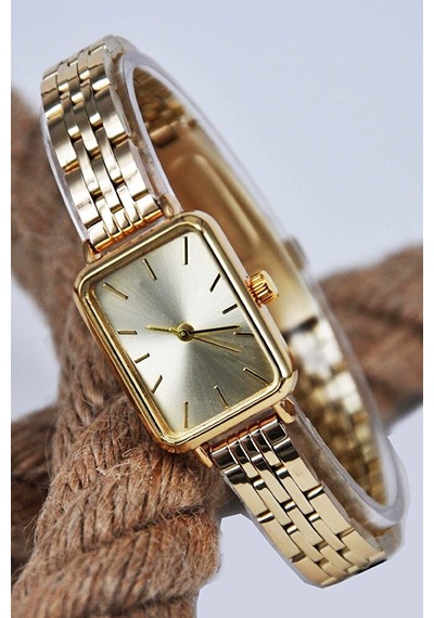 Altın Renk Vintage Minimal Kasa Metal Kordon Analog Zarif Şık Günlük Ofis Gold Kadın Kol Saati Altın