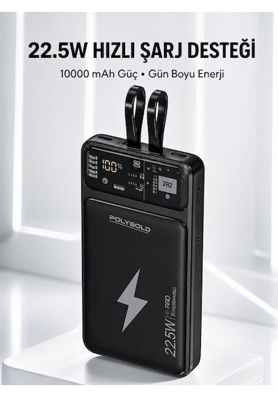 Powerbank Hızlı Şarj 10000 Mah Dahili Kablo Yeni Nesil - Lisinya Siyah