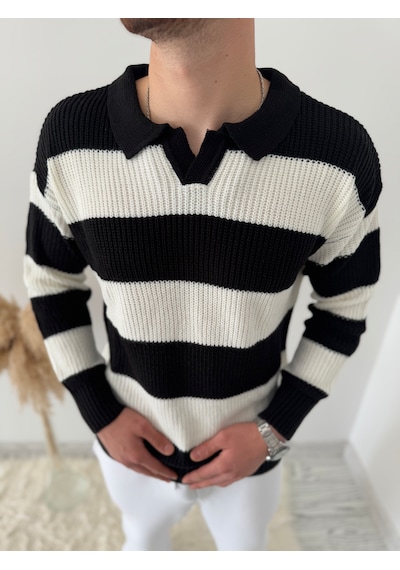 Say-Has Fashion Rahat Kalıp Erkek Polo Yaka Çizgili Triko Kazak Siyah