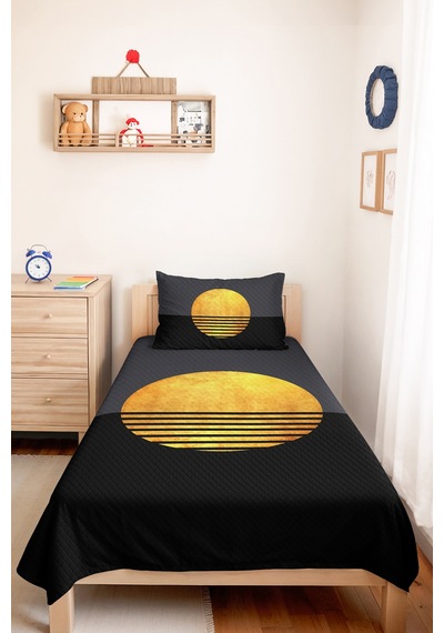 Siyah Gold Geometrik Genç Odası Tek Kişilik Pike Takımı - Antrasit Sarı 160x220 Cm Yatak Örtüsü Naif Akşam Fısıltısı