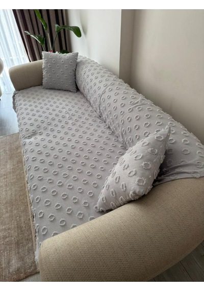 Konik Kırlent Kılıfı Hediyeli 170x210 Cm Pamuklu Koltuk Örtüsü Gri Gri