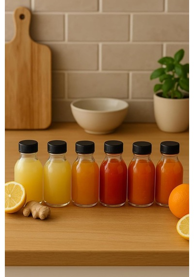 6 Adet 100 Ml Kilitli Siyah Kapaklı Şeffaf Detox Shot Şişesi 100 Cc Ginger Şat Beyaz Cam Şişe Diğer