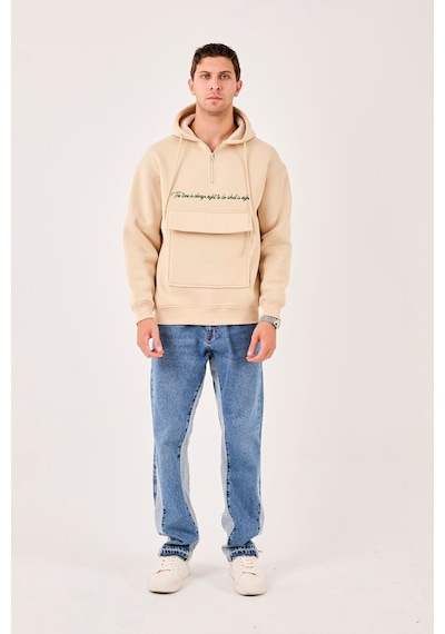X-4005 Kapüşonlu Yarım Fermuarlı Sweat Bej