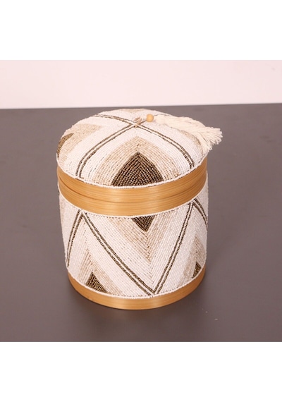 Bali Boncuklu Bambu Saklama Kutusu L 20x23 Cm Beyaz
