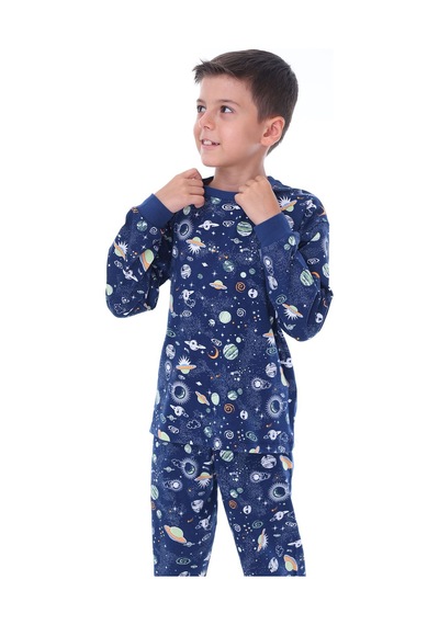 Zuzunga Astronot Temalı Pamuk Unisex Çocuk Pijama Takımı Lacivert2 Lacivert