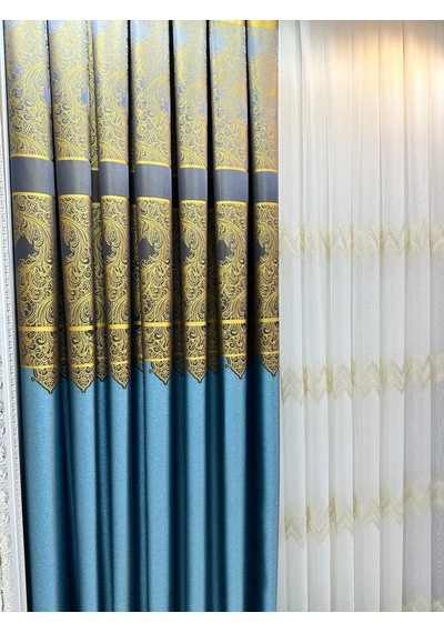 Nivemeshome Milas Turkuaz-gold 671539 1/3 Sık Pileli Fon Perde Apm Turkuaz-gold