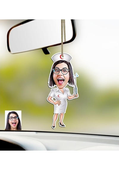 Kişiye Özel Hemşire Karikatürlü Ahşap Araba Dikiz Ayna Süsü-1
