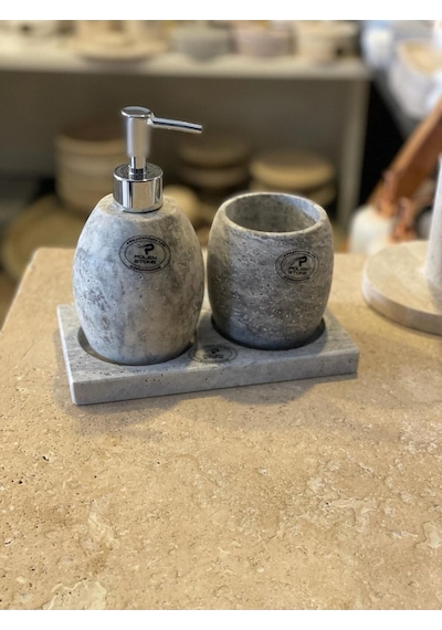 Gümüş Traverten Doğal Taş Oval 3,lü Banyo Seti Yeni Beyaz