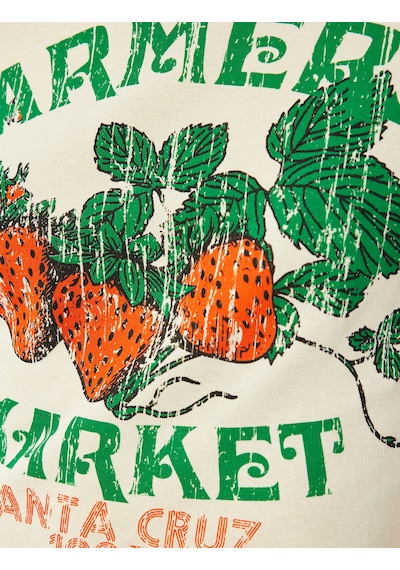 Koton Bisiklet Yaka Çilek Baskılı Crop Biyeli Pamuklu Tişört Bej 5sal10240ık Ekru