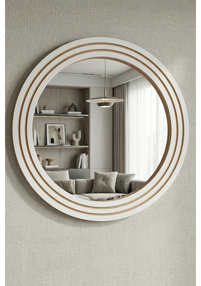 Antik Ahşap Beyaz Dekoratif Ayna Banyo Lavabo Aynası Yuvarlak Ayna Duvar Aynası 55x69 Byz-103