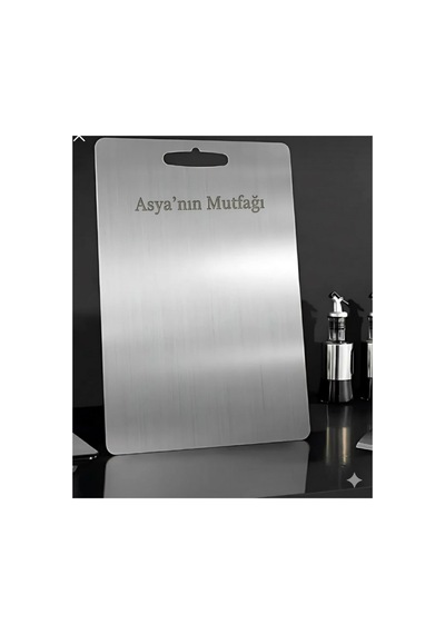 Askılı &  Yazılı %100 Paslanmaz Çelik Kesme Tahtası 24x33 Cm Gümüş