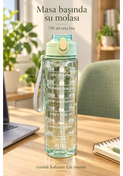 Madamev 3lü Motivasyonel Suluk Matara Seti 2000+750+280ml Pipetli Sticker Askılı Spor Okul Su Şişesi Çok Renkli