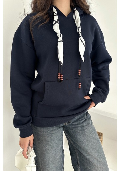 Noa & Noa Kadın Fular Detaylı Kapüşonlu Sweatshirt Casual Charm Lacivert