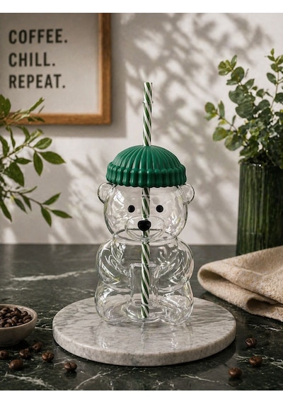 Cam Ayıcık Pipetli Soğuk İçecek Kahve Bardağı Bear Bardak 550 Ml Yeşil