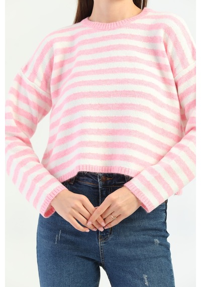 Youknitwear You Angora Çizgili Kazak Pembe
