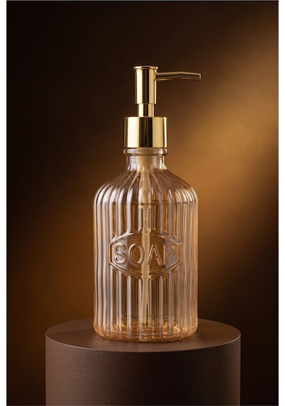 Glassy Dekoratif Cam Sabunluk Gold Pompalı Vintage Çizgili Sıvı Sabun Ve Deterjan Dispenseri - 21.5 Cm X 8 Cm - Turuncu