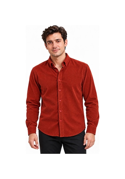 Classics Men Jet Polo Uzun Kol Slim Fit Erkek Kadife Gömlek - 7779 Kiremit