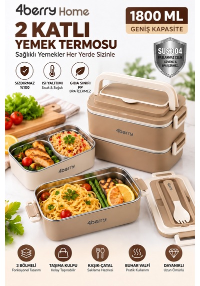 2 Katlı Yemek Termosu 3 Bölmeli 1800 Ml Taşınabilir Yemek Kabı, 304 Paslanmaz Çelik, Sızdırmaz, Isı Yalıtımlı, Kaşıklı Kahverengi