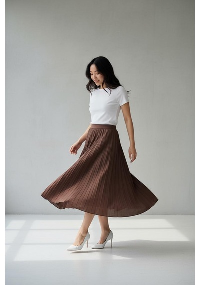 Eren Style Pileli Pamuklu Dokuma Viskon Kışlık Etek 95 Cm - 38-48 Kahverengi