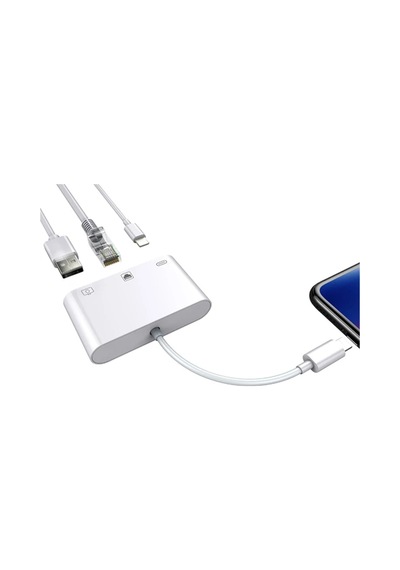 Apple Uyumlu iPhone/Apple Uyumlu iPad 3in1 Ethernet Rj45 Ve Usb Kamera Adaptörü Nk107- 5775 - Karbul4703-3983 Beyaz