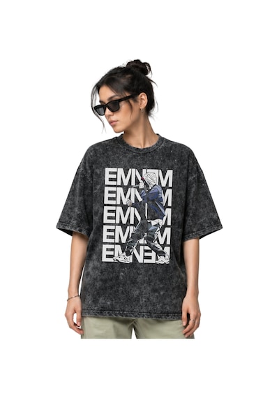 Eminem Rapper Şarkıcı Ön Baskılı Unisex Oversize Eskitme Yıkamalı Siyah
