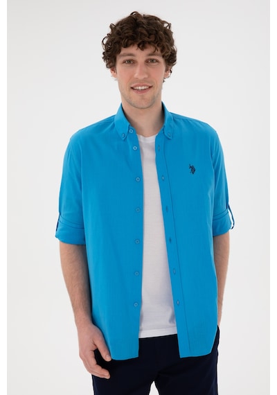 U.S. Polo Assn. Erkek Mavi Keten Görünümlü Basic Gömlek 50306285-VR007