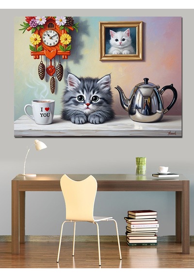 Çay Saati Kedi Keyfi Dekoratif Kanvas - Mdf Ahşap Tablo