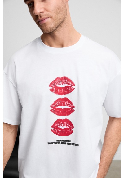 Grımelange Gıano Erkek Organik Pamuklu Bisiklet Yakalı Baskı Detaylı Oversıze Beyaz T-shirt Beyaz