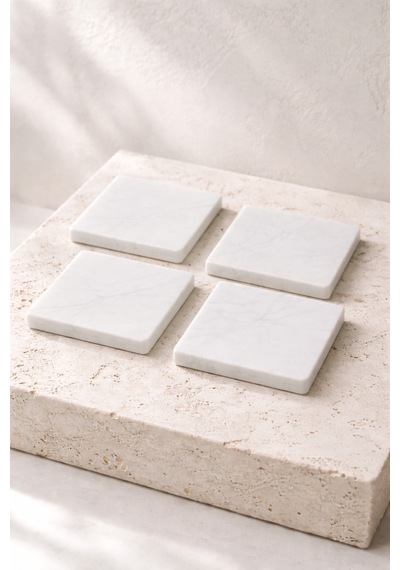 Mermer Bardak Altlığı 4'lü Set 10x10 Cm Beyaz Mermer Kahve Çay Su Bardağı Altlığı 1.3 Cm Kalınlık Diğer