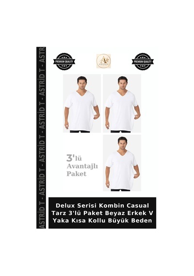 Astrid T Delux Serisi Kombin Casual Tarz 3'lü Paket Beyaz Erkek V Yaka Kısa Kollu Büyük Beden Beyaz-3