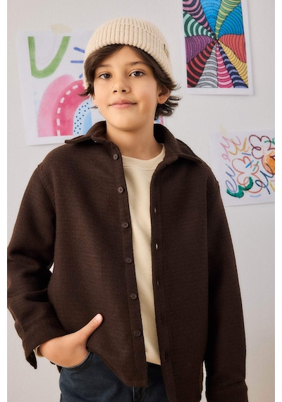 Defacto Erkek Çocuk Oversize Geniş Kalıp Polo Yaka Waffle Uzun Kollu Gömlek G3710a825cwbn540 Kahve-bn540