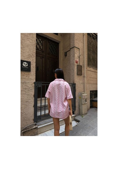 Nido Moda Kadın Oversize Fisto Gömlek Ve Beli Lastikli Şort İkili Takım Pembe