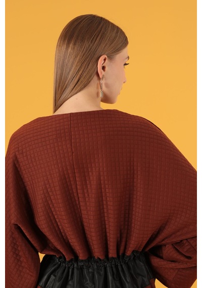 Petek Kumaş Garnili Oversize Kadın Sweat-kahve Renkli Çok Renkli