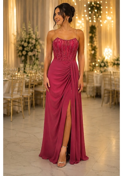 Gül&can Butik Gül Kurusu Payet Detaylı Abiye Elbise Pembe
