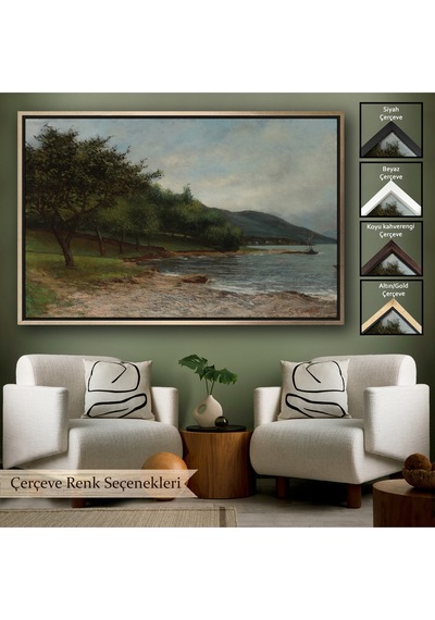Ahşap Çerçeveli Gustave Courbet - Göl Kıyısı Geneva Tablosu-7092