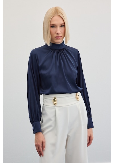 Sateen Yaka Detaylı Saten Bluz - Lacivert-136018 Lacivert